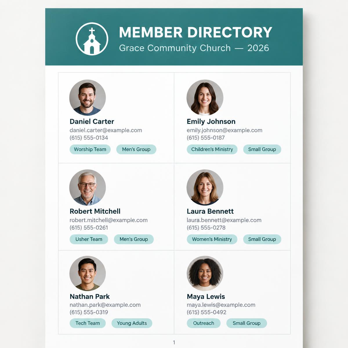 Printed church member directory PDF with logo header and member cards